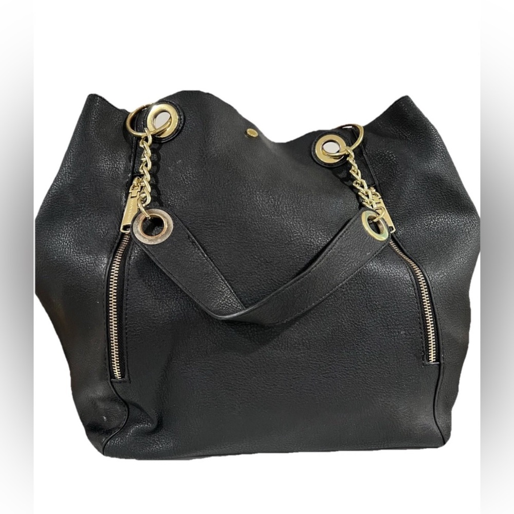 Steve Madden Black Leather Shoulder Tote with Gold Accents